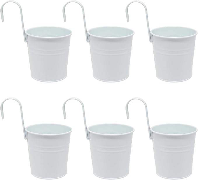 6 Pcs Hanging Flower Pots with Detachable Hooks,Metal Iron Bucket Planter for Railing,Fence,Balcony Garden Decor,4INCH,White