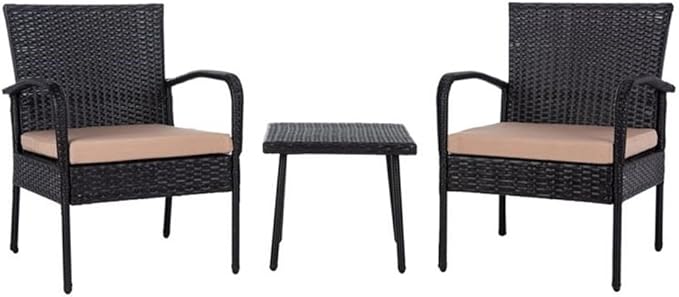 SAFAVIEH Outdoor Collection Moore Black Rattan/Beige Cushion 3-Piece Patio Lounge Bistro Set with Table (PAT9009A)