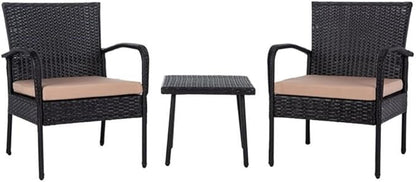 SAFAVIEH Outdoor Collection Moore Black Rattan/Beige Cushion 3-Piece Patio Lounge Bistro Set with Table (PAT9009A)