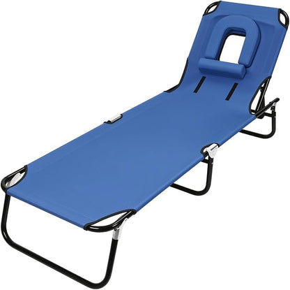Patio Lounge Chair Reclining Folding Chaise for Indoor Outdoor Adjustable Portable Chair Removable Pillow, Sunbathing Chair for Patio, Poolside, Lawn, Beach (Blue)