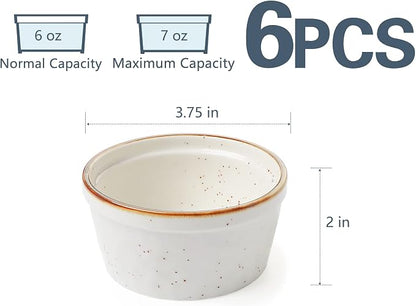ONEMORE Ramekins 6 oz Oven Safe, Ceramic Souffle Dishes with Brown Rim, Speckled Baking Cups for Creme Brulee Pudding Custard Ice Cream Charcuterie Board Mini Bowls Set of 6 - Creamy White