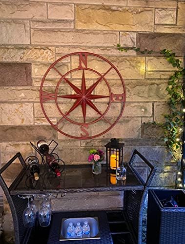 Nightclawing Nautical Metal Compass Wall Décor, Indoor/Outdoor Décor,41" Red
