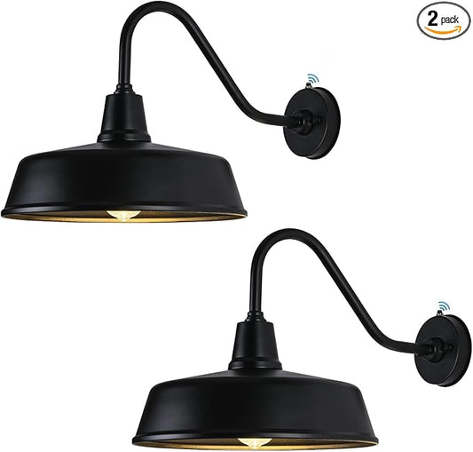 15" Barn Lights Outdoor Gooseneck Lighting, Dusk to Dawn Black Exterior Barn Lights for House, Farmhouse Wall Lighting Fixtures with Sensor for Porch Garage (2, 15" Diameter)