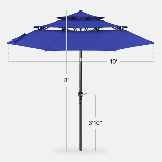 Best Choice Products 10ft 3-Tier Market Patio Umbrella, Outdoor Sun Shade with Tilt, Crank Lift, 8 Ribs for Backyard, Deck, Poolside – Resort Blue