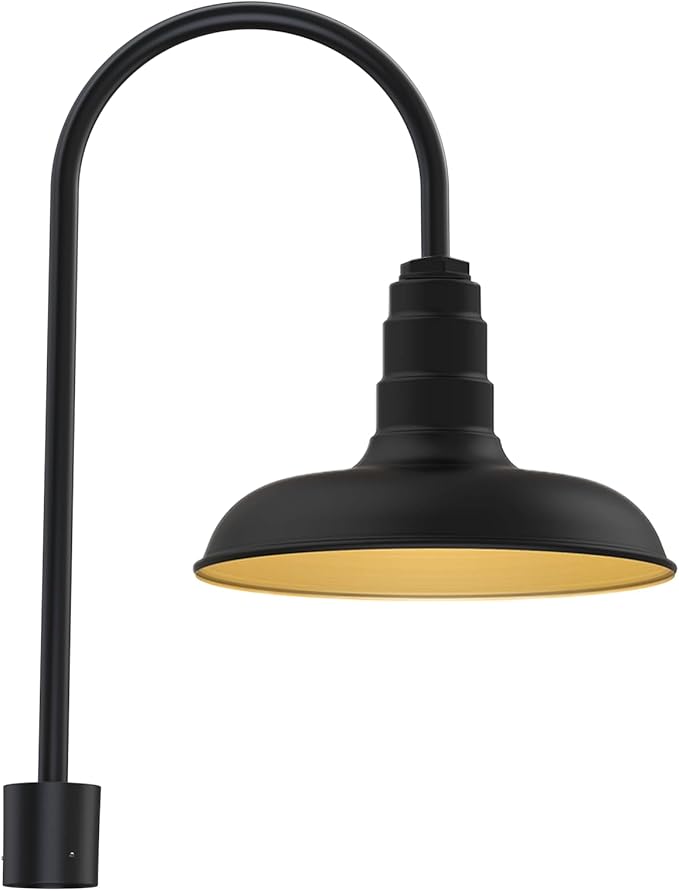 Steel Lighting Co. Topanga Barn Light | Outdoor Pole Top Mounted | 14" Dome | Upslope Gooseneck with Slip Fitter for 2-3/8" Standard Poles | Made in America | Matte Black Exterior/Brass Interior