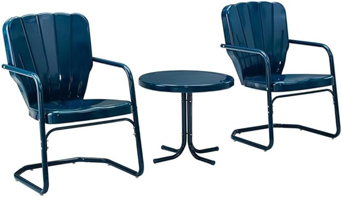 Crosley Furniture Ridgeland 3-Piece Outdoor Chair and Side Table Set, Retro Metal Bistro Patio Sets for Deck, Navy