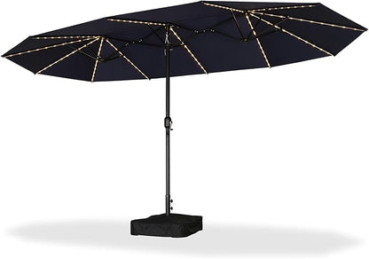 PURPLE LEAF 14ft Patio Market Umbrella with Solar LED and Base Double-Sided Rectangle Outdoor Table Sun Umbrellas with Crank for Pool Beach Deck Backyard Navy Blue