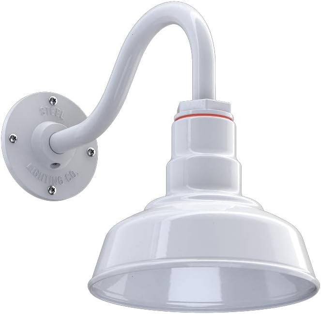 Steel Lighting Co. | Dusk to Dawn | Hawthorne Barn Light | Outdoor Wall Mounted | 8 in Dome | 11 inch Gooseneck| Small Farmhouse Light Made in America | White Exterior/White Interior