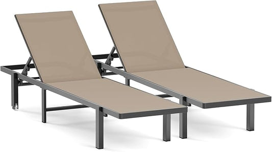 Ciokea Patio Chaise Lounge Chair Set of 2, Outdoor Lounge Chairs with Wheels, 5-Position Adjustable Sun Loungers for Pool, Deck, Beach, Khaki