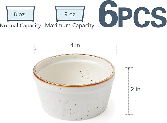 ONEMORE 8 oz Ramekins Oven Safe, Ceramic Small Ramekins with Brown Rim for Baking, Speckled Cute Ramekin Set for Creme Brulee, Sauces, Desserts & Ice Cream, Individual Custard/Pudding Cups Set of 6