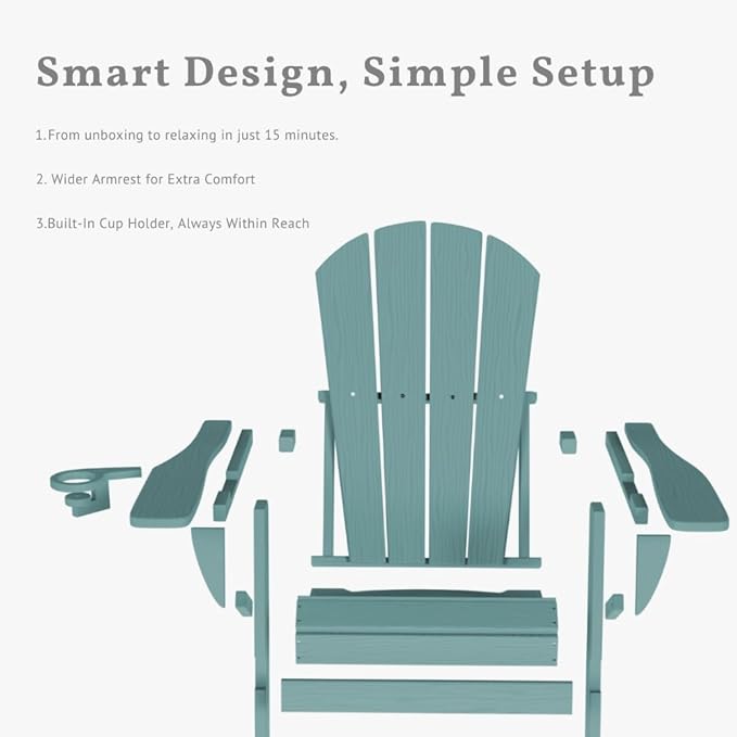 Folding Adirondack Chair with Cup Holders, HDPE Plastic Outdoor Chairs, Weather Resistant, Real Wood Look for Patio, Deck, Fire Pit, Backyard, Aruba Blue