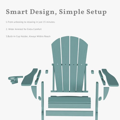 Folding Adirondack Chair with Cup Holders, HDPE Plastic Outdoor Chairs, Weather Resistant, Real Wood Look for Patio, Deck, Fire Pit, Backyard, Aruba Blue