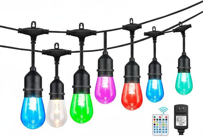 Auroraworld 24FT RGB Outdoor String Lights, Dimmable Color Changing Waterproof LED Patio Lights with Remote, 12 Shatterproof Bulbs for Backyard Garden Party Decor