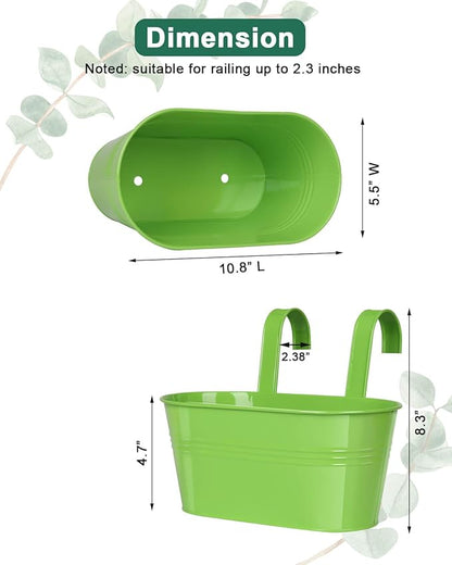 Railing planter box - 3 Pack Metal Hanging Flower Pots with Detachable Hooks & Drainage Holes, Window Oval Bucket Fence Hanging Planters for Outdoor Plants Garden Balcony Home Decor, Green Orange Blue
