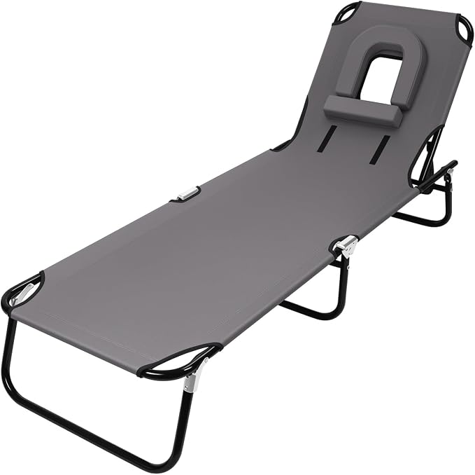 Patio Lounge Chair Reclining Folding Chaise for Indoor Outdoor Adjustable Portable Chair Removable Pillow, Sunbathing Chair for Patio, Poolside, Lawn, Beach Grey