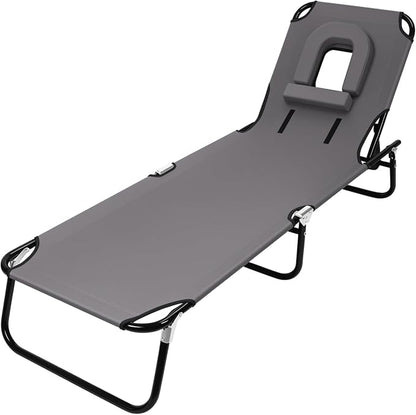 Patio Lounge Chair Reclining Folding Chaise for Indoor Outdoor Adjustable Portable Chair Removable Pillow, Sunbathing Chair for Patio, Poolside, Lawn, Beach Grey