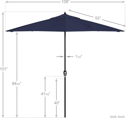 California Umbrella 9' Rd Aluminum Patio Umbrella, Crank Lift, Auto Tilt, Black Finish, 4yr Fade Warranty, Navy Blue