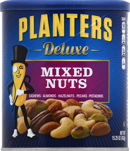 PLANTERS Deluxe Mixed Nuts - Roasted Cashews, Almonds, Brazil Nuts, Pistachios, and Pecans, Plant-Based Protein, Quick Snack, 15.25oz Canister (Pack of 2)