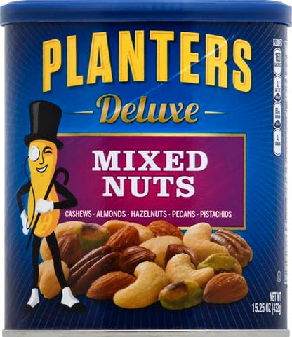 PLANTERS Deluxe Mixed Nuts - Roasted Cashews, Almonds, Brazil Nuts, Pistachios, and Pecans, Plant-Based Protein, Quick Snack, 15.25oz Canister (Pack of 2)