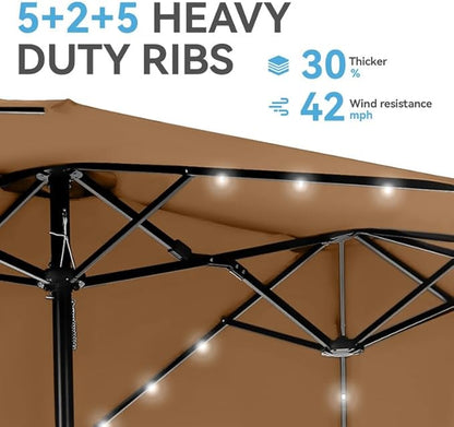 GREEN PARTY 15 ft Rectangle Patio Umbrella with Solar Lights and Base Included, Double-Sided Market Table Umbrella with Crank, Large Outdoor Umbrellas for Patio Poolside Garden Backyard, Tawny