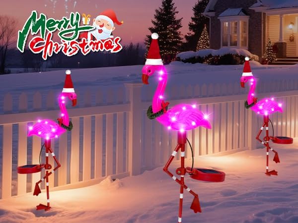 Solar Outdoor Lights Christmas Decor, Solar Xmas Flamingo Lights Waterproof Garden Decor, Flamingo Stake Lights for Yard Pathway Patio Festive Decoration-2 Pack