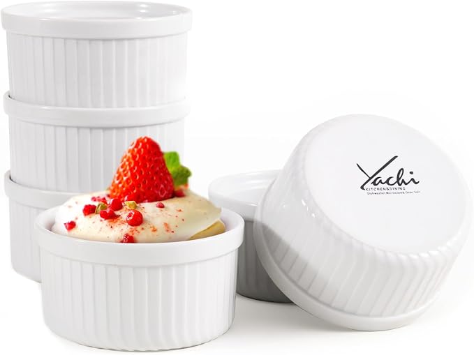 Yachi White Souffle Ramekins: 4oz 6 Pieces Ceramic Baking Ramekin Set Oven Safe Porcelain Bakeware Serving for Sauces Dipping Onion Soup Lava Cake Flan Creme Brulee Pudding Mini Custard
