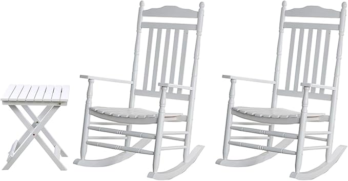Outdoor Patio Rocking Chairs Folding Side Table Set of 3 Piece Porch Wooden Rockers Small Foldable End Table Furniture Indoor Outside Camping Balcony Garden Lawn and Bistro, White
