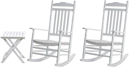 Outdoor Patio Rocking Chairs Folding Side Table Set of 3 Piece Porch Wooden Rockers Small Foldable End Table Furniture Indoor Outside Camping Balcony Garden Lawn and Bistro, White