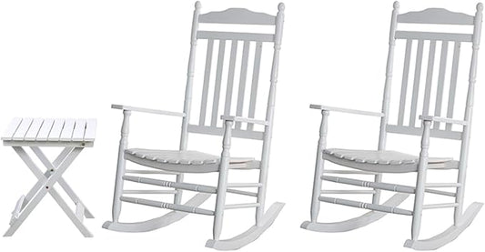 Outdoor Patio Rocking Chairs Folding Side Table Set of 3 Piece Porch Wooden Rockers Small Foldable End Table Furniture Indoor Outside Camping Balcony Garden Lawn and Bistro, White