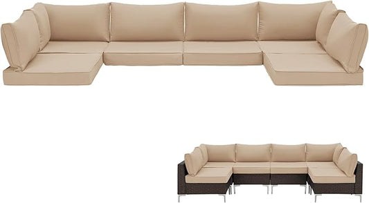 HOMREST 14-Piece Outdoor Cushions for Patio Furniture, 25x25 Inch Deep Seat Replacement Cushions Set with Water-Resistant Cover & Non-Slip Base, Fits 6-Seat Rattan Wicker Sectional Sofa, Khaki