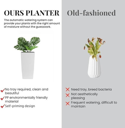 23in Tall Planter Set of 2, Large Self Watering Pots for Indoor/Outdoor Plants with Drain Holes, Water Level Monitor, Inner Bucket for Front Porch Patio, White Rattan