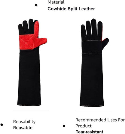 23.6" Inch Long Sleeves Welding Safety Gloves, Heat Resistant Stove Fire And Barbecue Gloves, Bite Proof Animal Handling(Black)