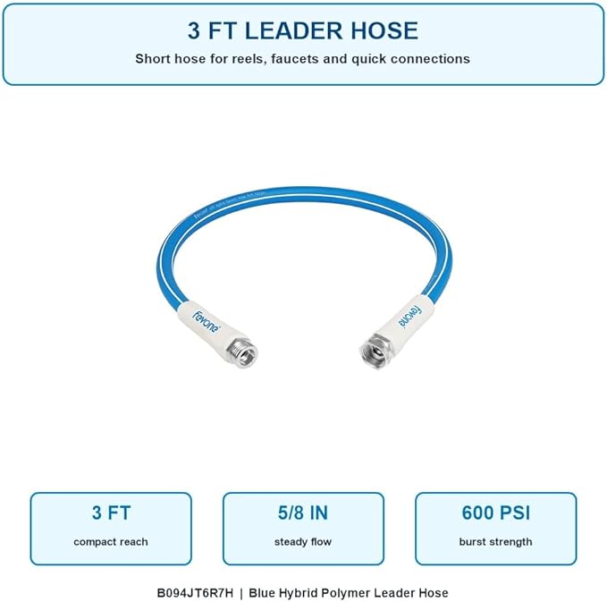 FEVONE 3 ft x 5/8 in Garden Hose, Hose Reel Leader Hose, Drinking Water Safe Short Lead-In Water Hose, Kink-Resistant Hybrid Polymer, 3/4 in Aluminum Fittings, Leak-Free, 600 PSI
