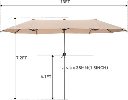 GREEN PARTY 13ft Rectangle Patio Umbrella, Double Sided Outdoor Table Umbrella with Crank & 1.5" Pole, Large Market Umbrella for Poolside Garden Deck Backyard, Beige