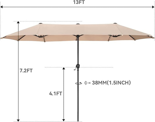 GREEN PARTY 13ft Rectangle Patio Umbrella, Double Sided Outdoor Table Umbrella with Crank & 1.5" Pole, Large Market Umbrella for Poolside Garden Deck Backyard, Beige