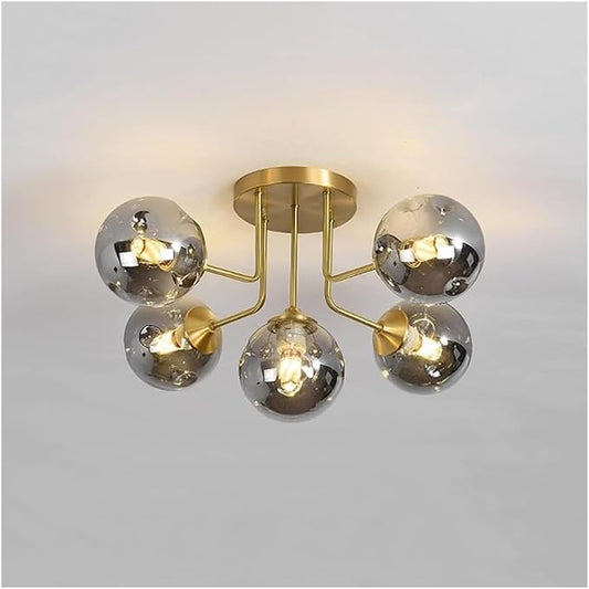 Antique Brass Globe Chandelier 5 Lights Sputnik Ceiling Light with Smoke Grey Amber Glass, Semi Flush Ceiling Fixture. Bubble Ball Kitchen Ceiling Lamp,Soft Light