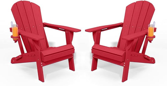 Folding Adirondack Chair with Cup Holders Set of 2, HDPE Plastic Outdoor Chairs, Weather Resistant, Real Wood Look for Patio, Deck, Fire Pit, Backyard, Red
