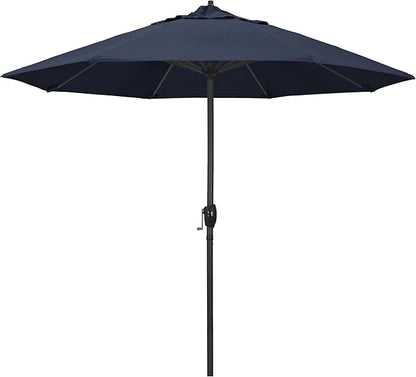 California Umbrella 9' Rd Aluminum Patio Umbrella, Crank Lift, Auto Tilt, Black Finish, Sunbrella Indigo