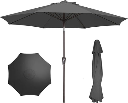 PatioKingdom 9FT Patio Outdoor Umbrella-UPF 50+ Sun Shade with Wind Vent, Push-Button Tilt & Smooth Crank Lift, Rust-Resistant Fiberglass Frame for Garden, Backyard,Yard (Gray, 9FT)