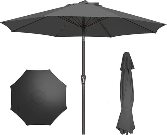 PatioKingdom 9FT Patio Outdoor Umbrella-UPF 50+ Sun Shade with Wind Vent, Push-Button Tilt & Smooth Crank Lift, Rust-Resistant Fiberglass Frame for Garden, Backyard,Yard (Gray, 9FT)