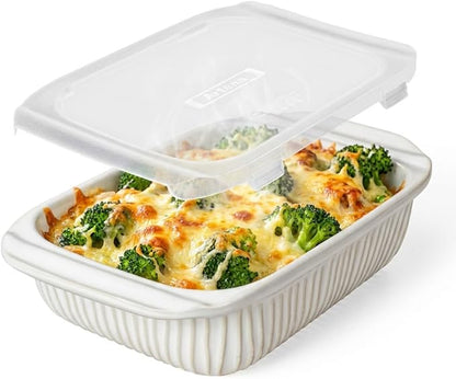 Artena Baking Dish 2.3 Quarts, Casserole Dishes For Oven, Baking Pan With Handles, Lasagna Pan Deep, Large Casserole Dish, Rectangular Ceramic Bakeware (White, With Lid)