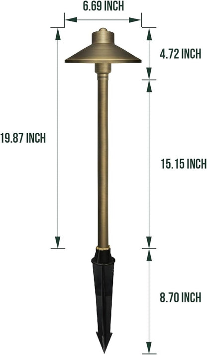 GKOLED Solid Brass Landscape Path Lights (6.7" Shade, 20" Tall), Low Voltage LED 3W 12-24V AC/DC China Hat Path Lighting, 2700K Outdoor Waterproof Walkway Light, with Stake and G4 Bulb, 12 Pack