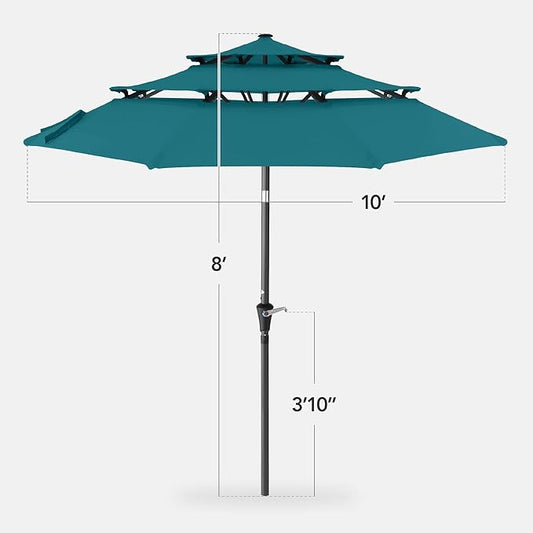 Best Choice Products 10ft 3-Tier Market Patio Umbrella, Outdoor Sun Shade with Tilt, Crank Lift, 8 Ribs for Backyard, Deck, Poolside – Cerulean