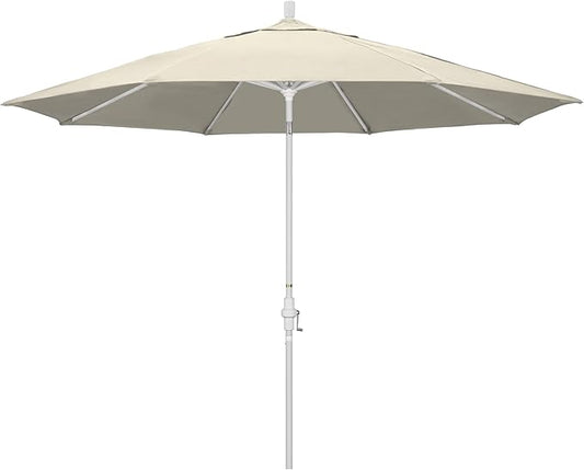 California Umbrella 11Ft Premium Patio Umbrella, Hand-Crank, Tilt-Collar, White Frame, Solution Dyed Beige Fabric