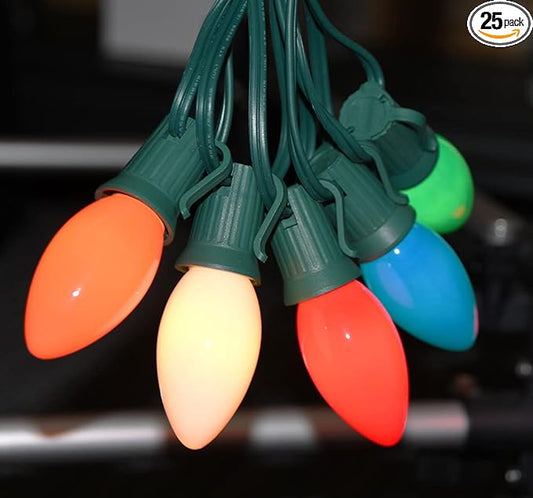 C9 Christmas Lights 25Ft Multicolored Outdoor String Lights with 26 Ceramic Edison Bulbs(1 Spare), C9/ E17 Base, Hanging Vintage Multicolor Lights for Christmas Party Backyard Wedding Decor