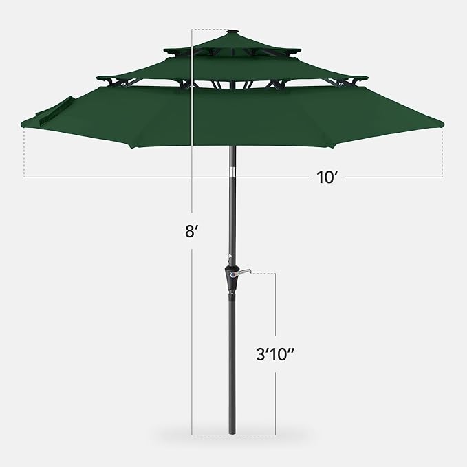 Best Choice Products 10ft 3-Tier Market Patio Umbrella, Outdoor Sun Shade with Tilt, Crank Lift, 8 Ribs for Backyard, Deck, Poolside – Green