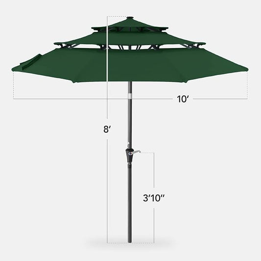 Best Choice Products 10ft 3-Tier Market Patio Umbrella, Outdoor Sun Shade with Tilt, Crank Lift, 8 Ribs for Backyard, Deck, Poolside – Green