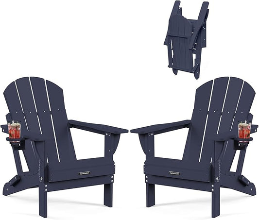 MUCHENGHY Folding Adirondack Chairs Set of 2, Patio & Outdoor Chairs, Plastic Weather Resistant with Cup Holder for Deck, Backyard, Garden (Dark Navy Blue)