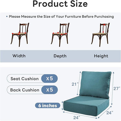 6" Thicker Outdoor Chair Cushion 5 Sets - 24" *24" *6" Waterproof Patio Furniture Cushions with Removable Cover, 28D High Density Sponge Filling Thicken Outdoor Patio Cushions - Peacock Blue