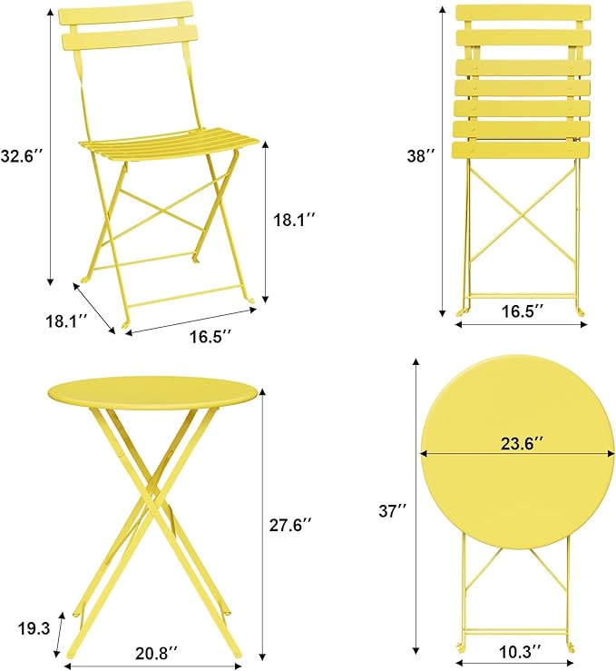 Patio Bistro Set, 3-Piece Outdoor Folding Table and Chairs, Premium Steel Frame Weather Resistant Conversation Sets of 2, Space Saving Patio Furniture for Backyard Balcony Porch Garden